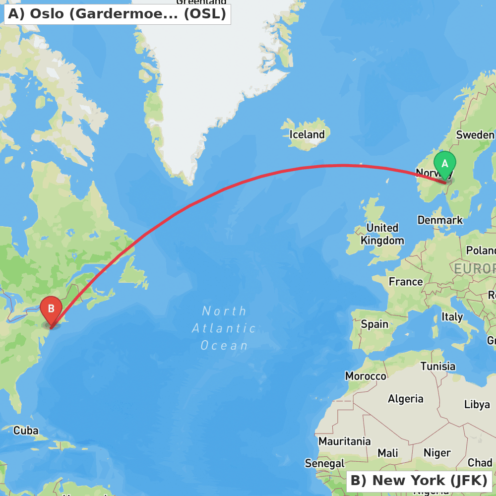 Flight route map from Oslo (Gardermoen) to New York