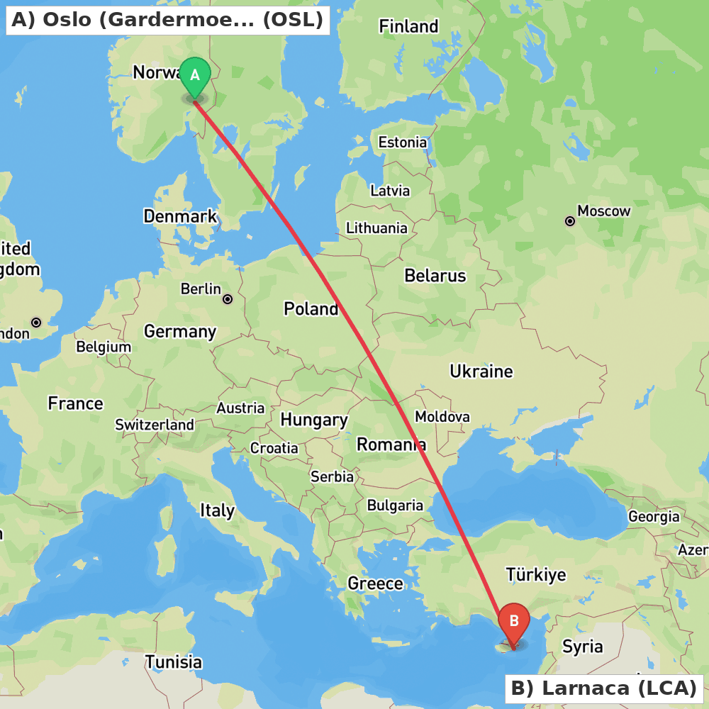 Flight route map from Oslo (Gardermoen) to Larnaca