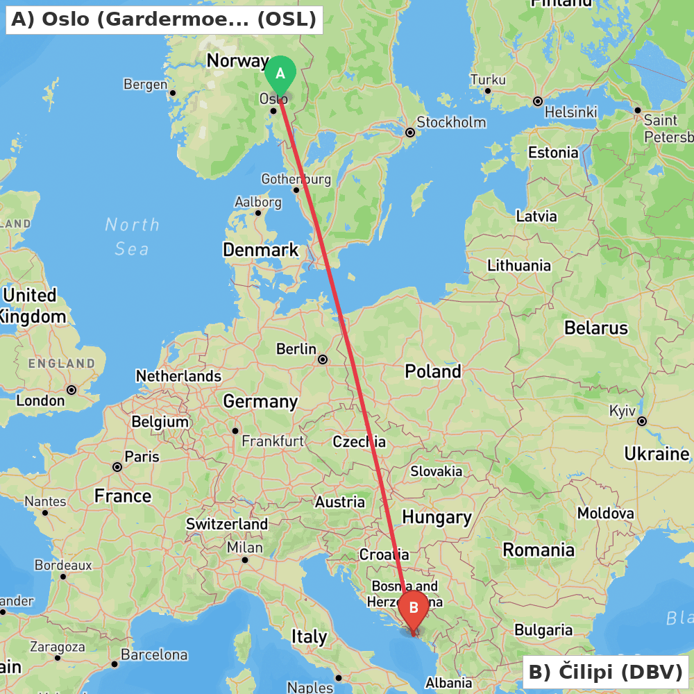 Flight route map from Oslo (Gardermoen) to Čilipi