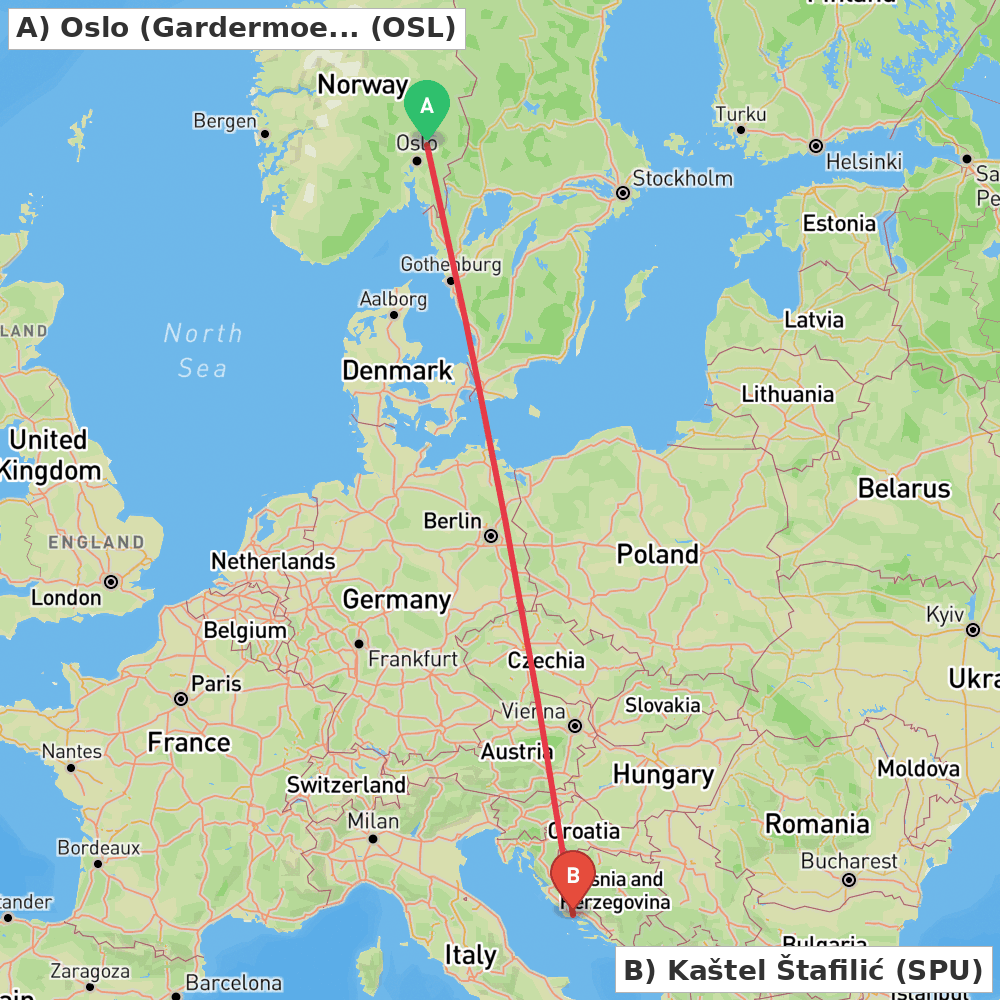 Flight route map from Oslo (Gardermoen) to Kaštel Štafilić