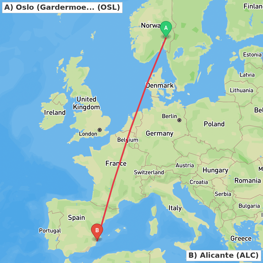 Flight route map from Oslo (Gardermoen) to Alicante