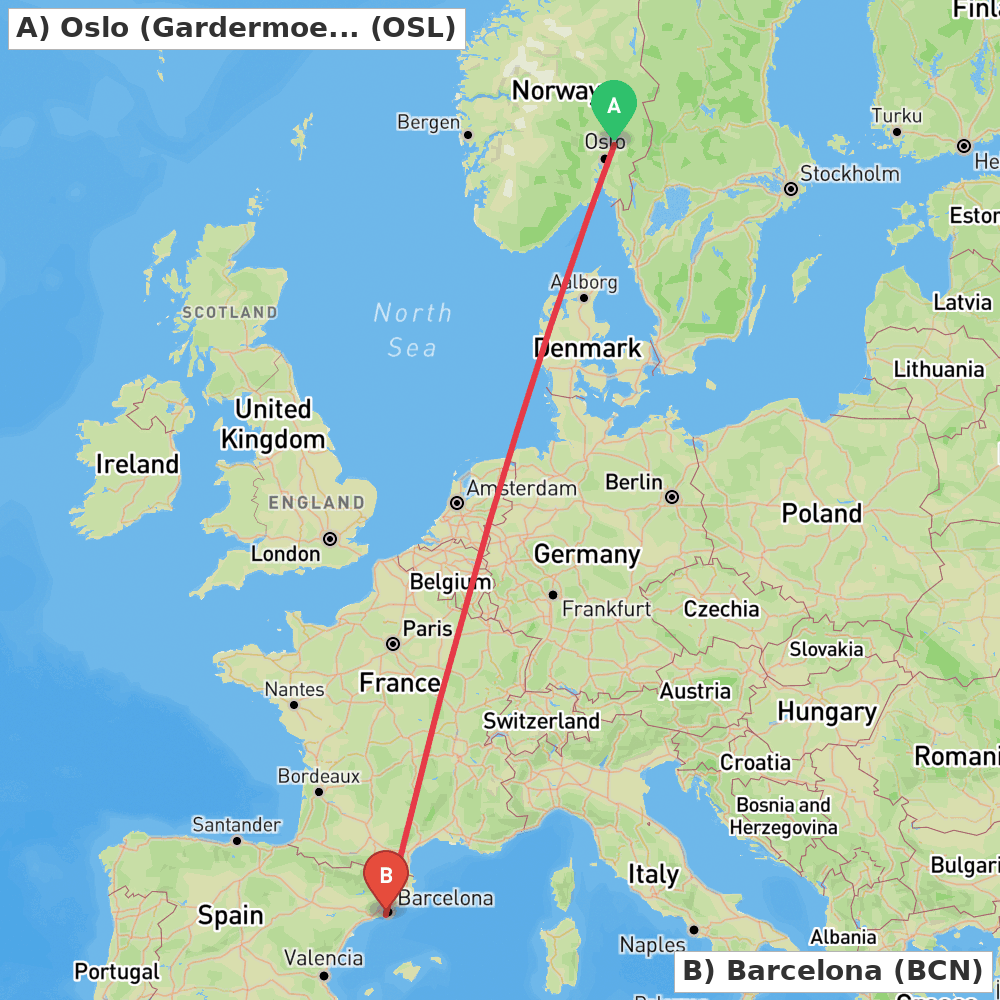 Flight route map from Oslo (Gardermoen) to Barcelona