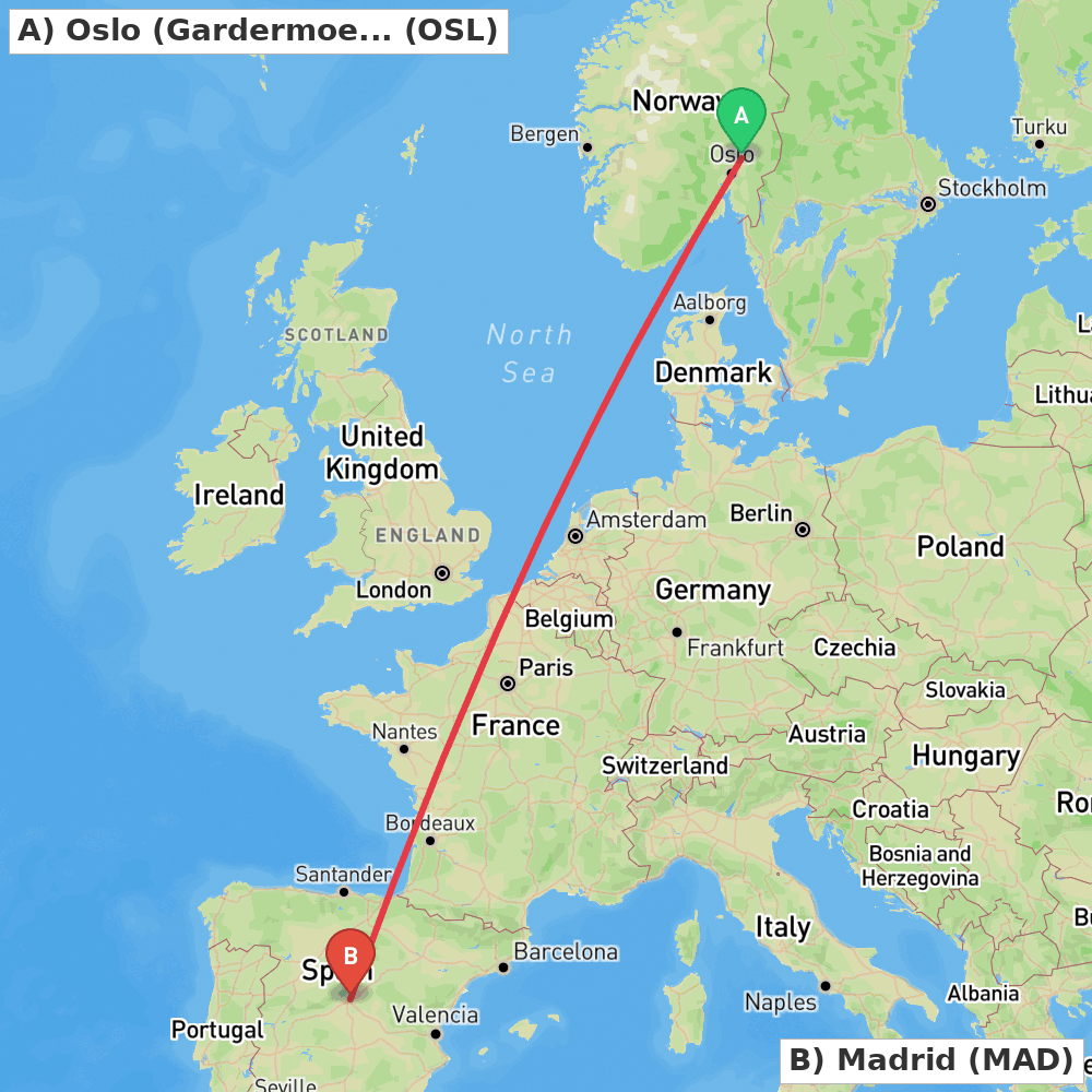 Flight route map from Oslo (Gardermoen) to Madrid