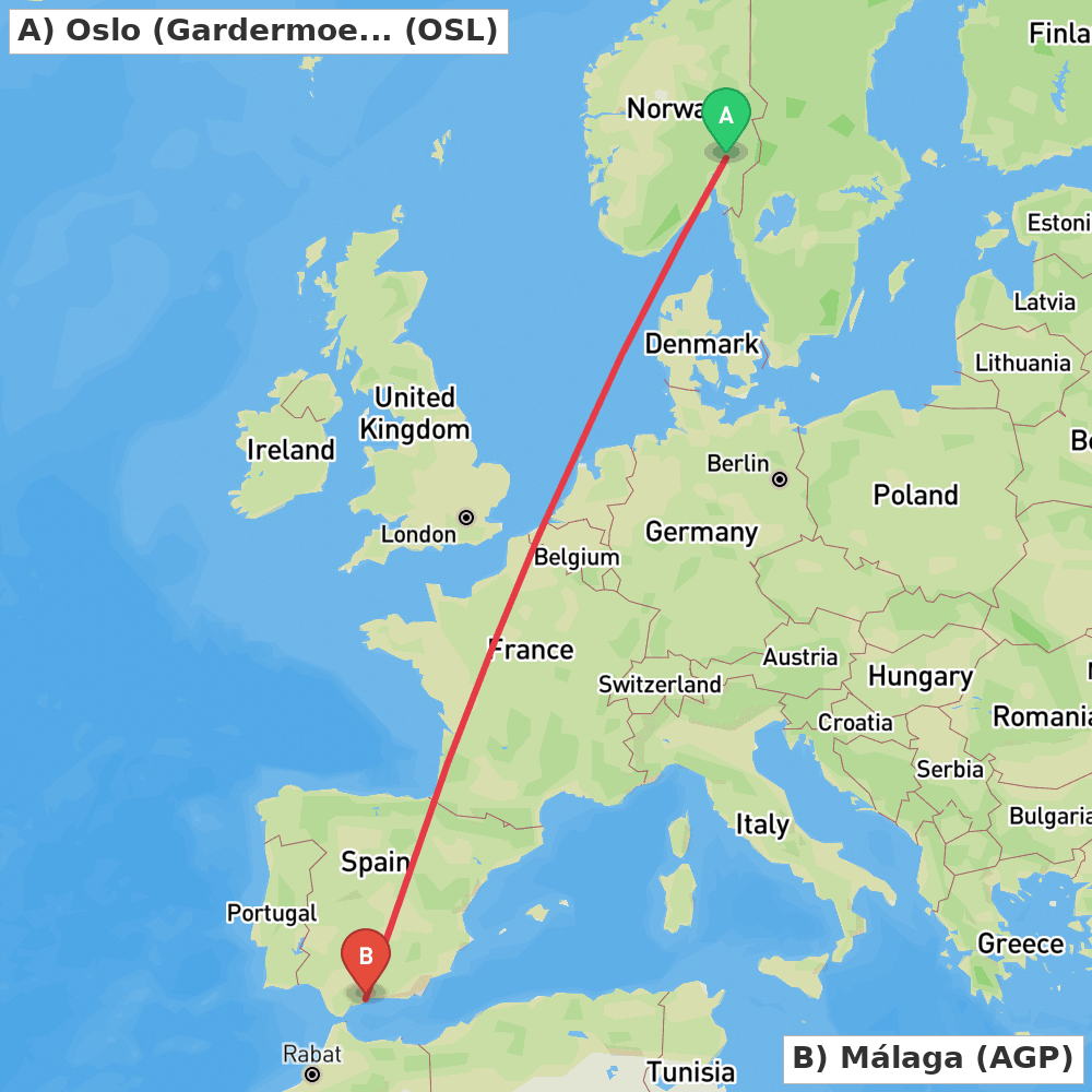 Flight route map from Oslo (Gardermoen) to Málaga