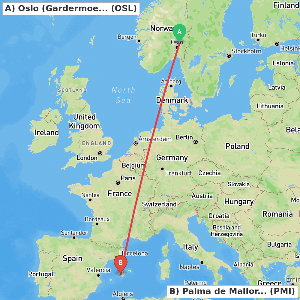 Flight route map from Oslo (Gardermoen) to Palma de Mallorca