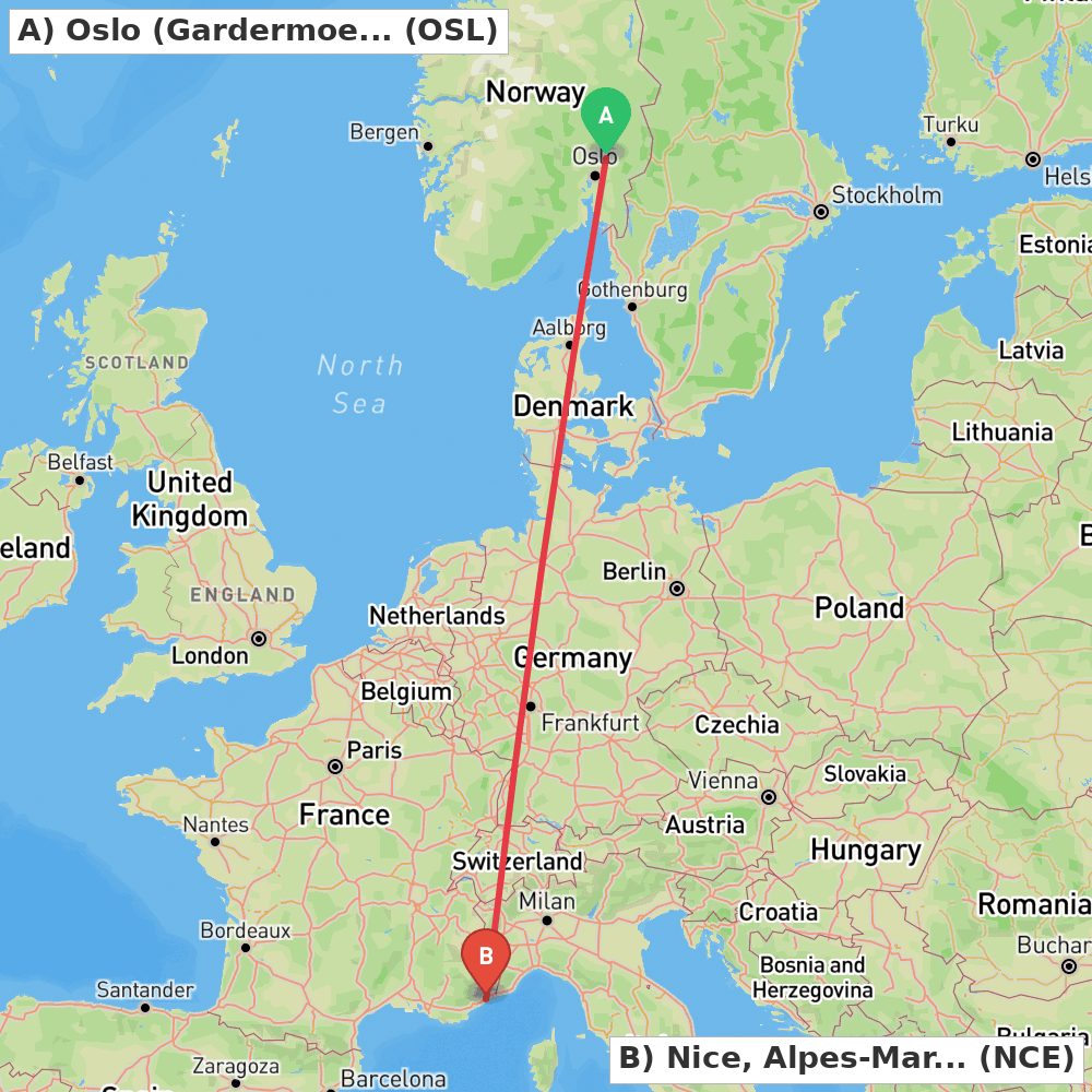 Flight route map from Oslo (Gardermoen) to Nice, Alpes-Maritimes