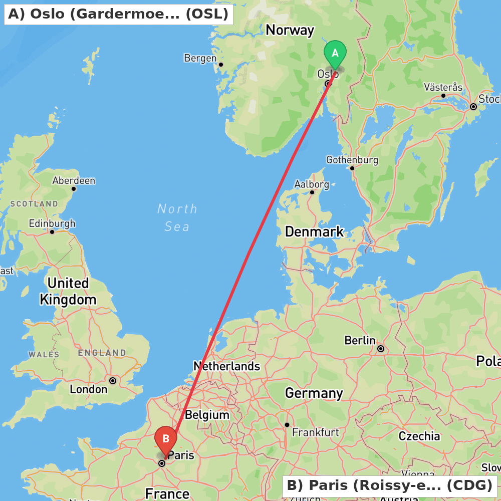 Flight route map from Oslo (Gardermoen) to Paris (Roissy-en-France, Val-d'Oise)