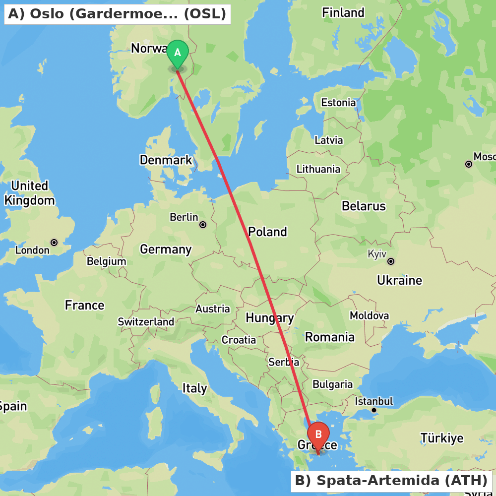 Flight route map from Oslo (Gardermoen) to Spata-Artemida