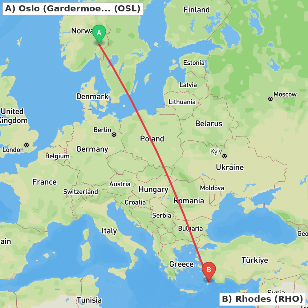 Flight route map from Oslo (Gardermoen) to Rhodes