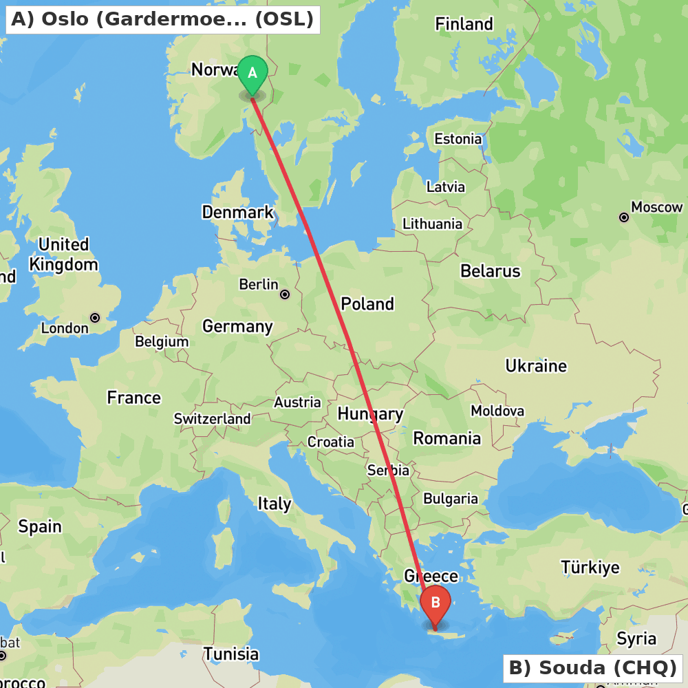 Flight route map from Oslo (Gardermoen) to Souda