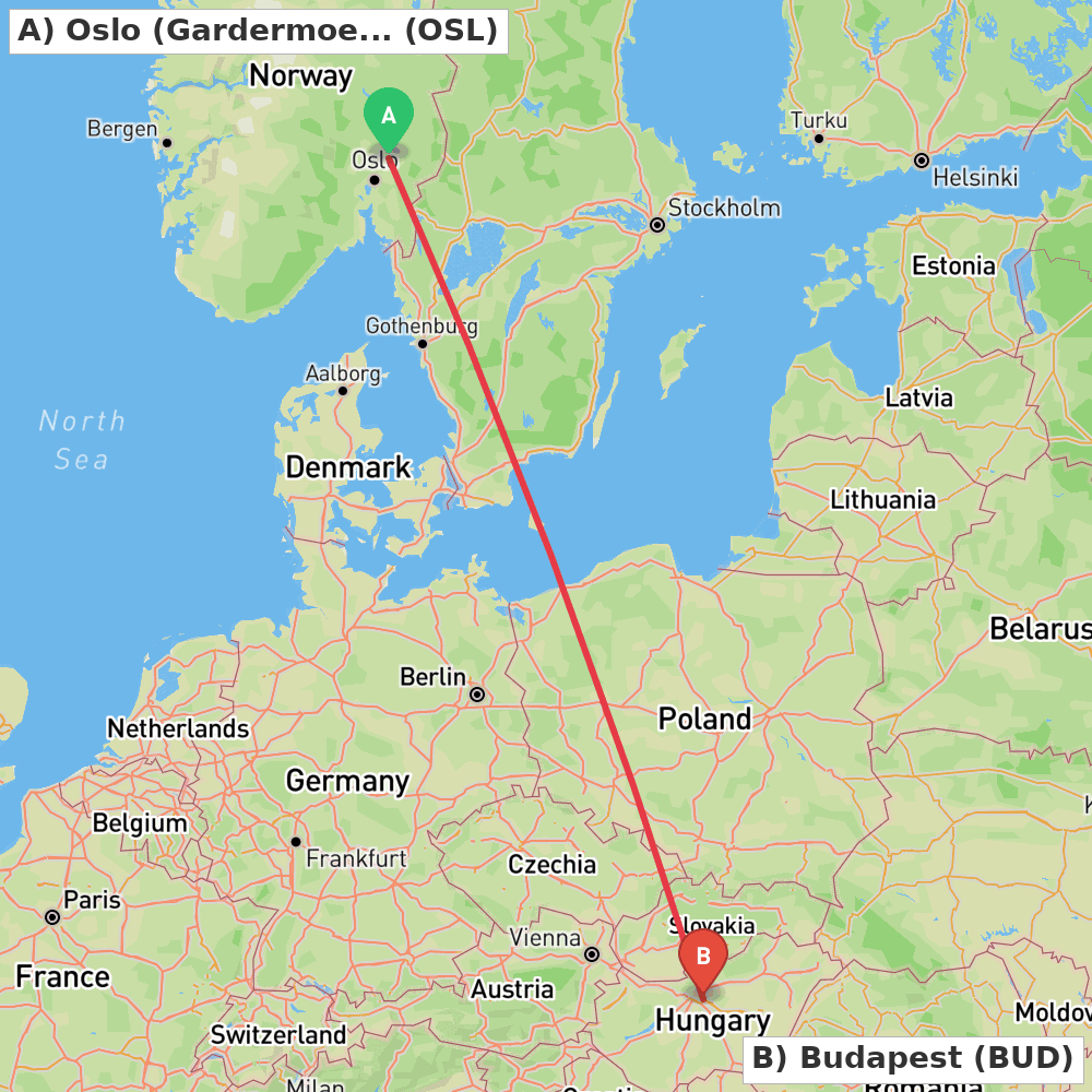 Flight route map from Oslo (Gardermoen) to Budapest