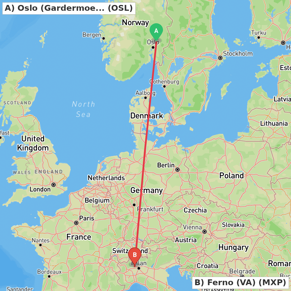 Flight route map from Oslo (Gardermoen) to Ferno (VA)