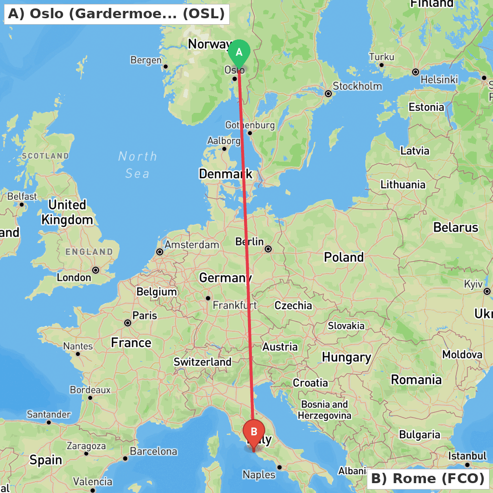 Flight route map from Oslo (Gardermoen) to Rome