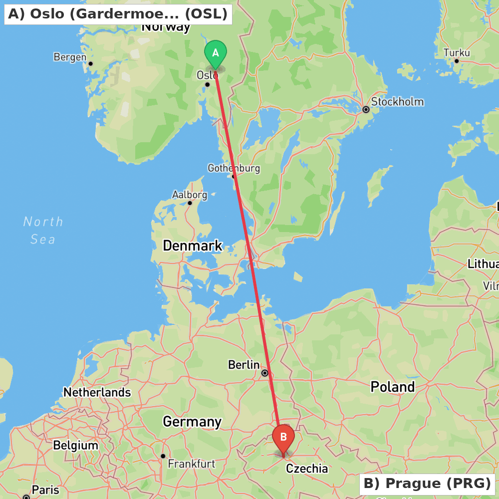Flight route map from Oslo (Gardermoen) to Prague