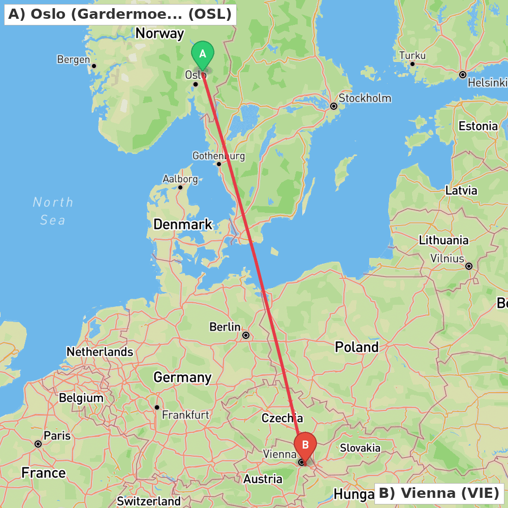 Flight route map from Oslo (Gardermoen) to Vienna