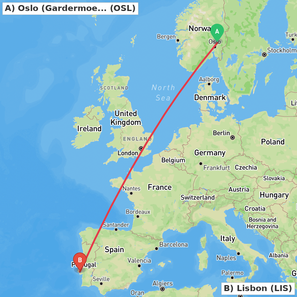 Flight route map from Oslo (Gardermoen) to Lisbon