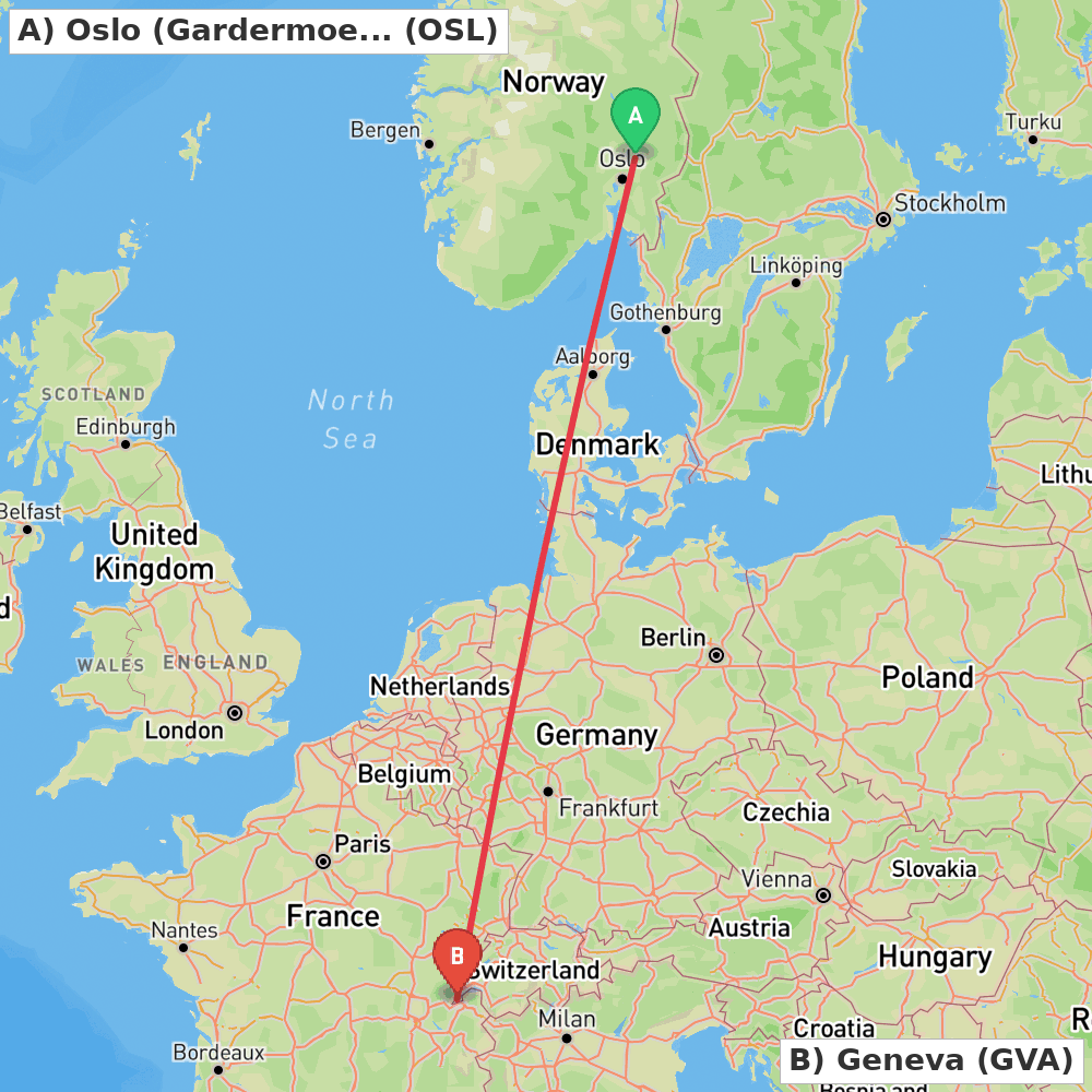 Flight route map from Oslo (Gardermoen) to Geneva