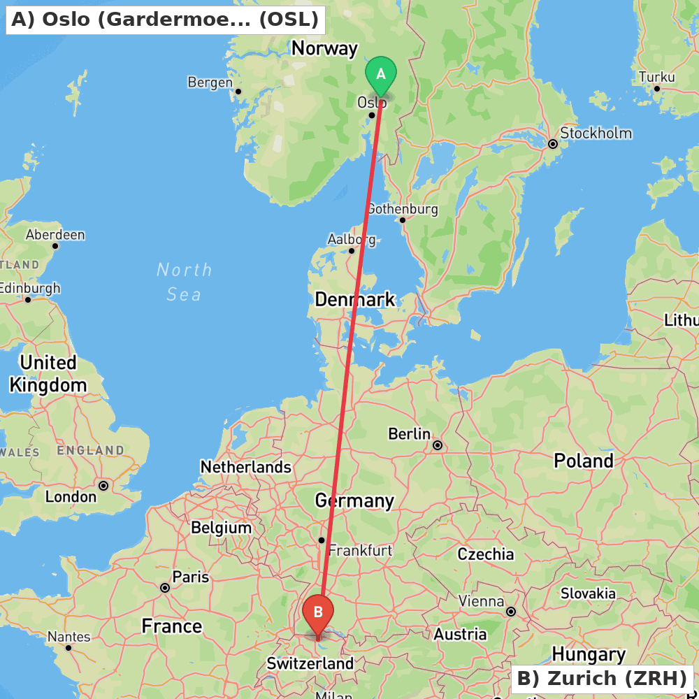 Flight route map from Oslo (Gardermoen) to Zurich