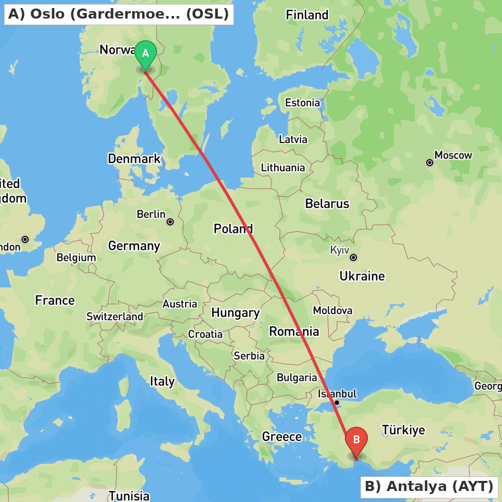Flight route map from Oslo (Gardermoen) to Antalya