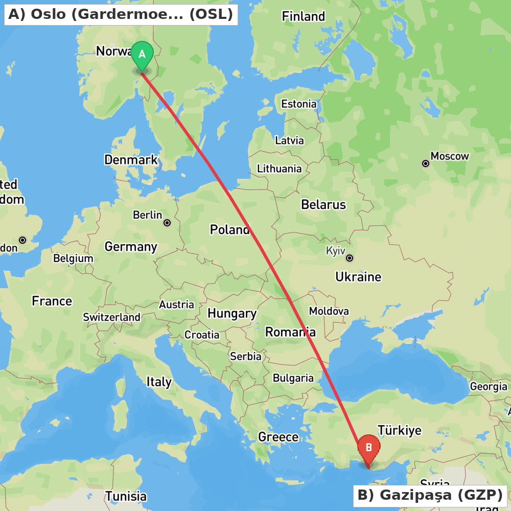 Flight route map from Oslo (Gardermoen) to Gazipaşa