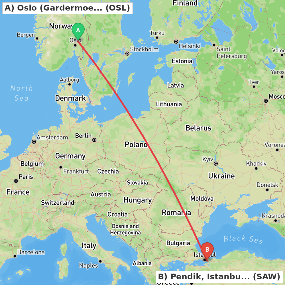 Flight route map from Oslo (Gardermoen) to Pendik, Istanbul