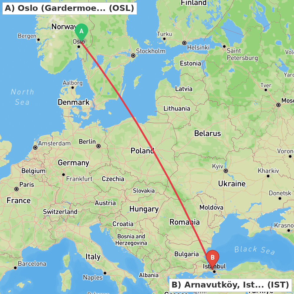 Flight route map from Oslo (Gardermoen) to Arnavutköy, Istanbul