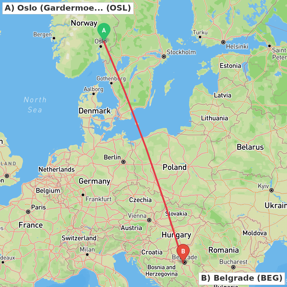 Flight route map from Oslo (Gardermoen) to Belgrade