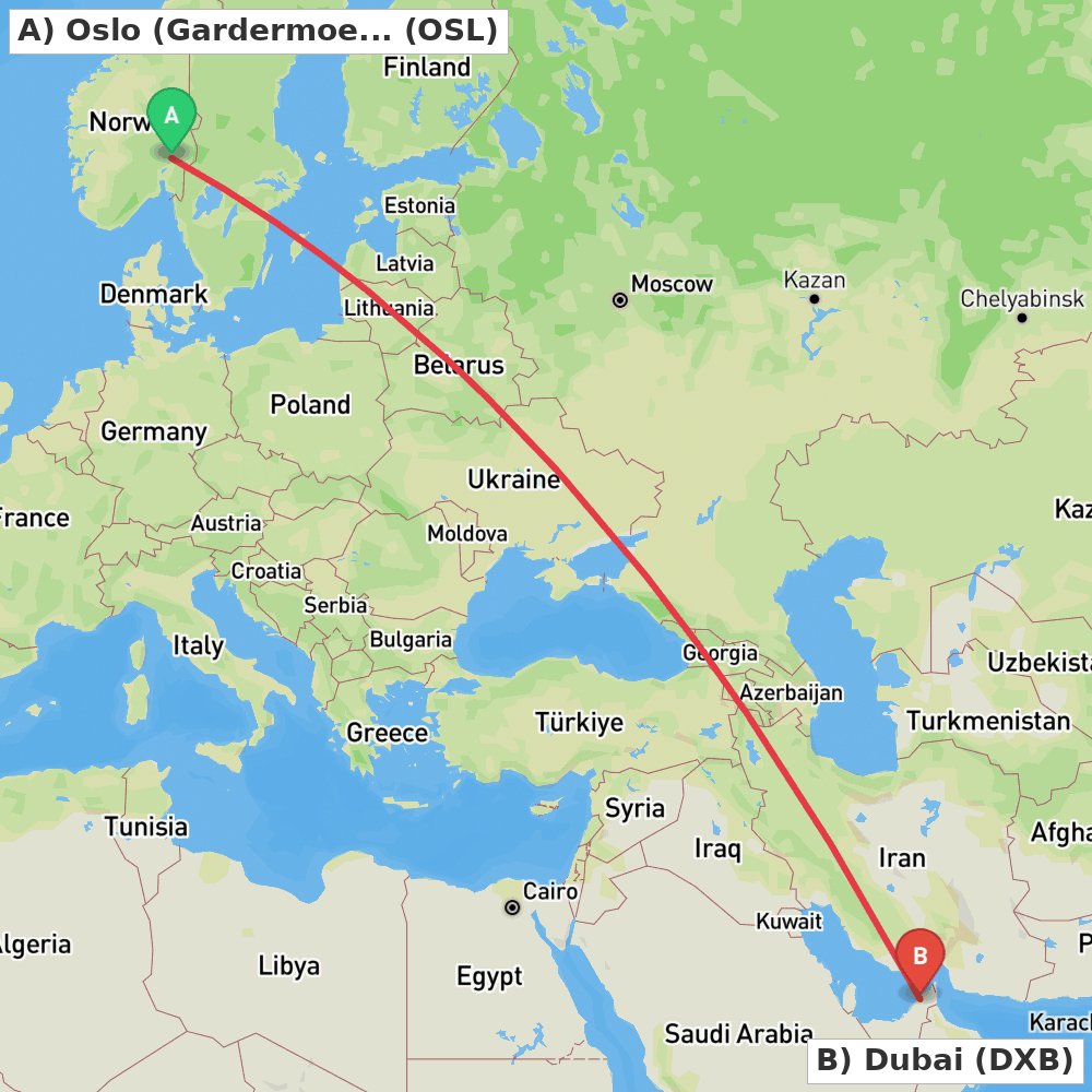 Flight route map from Oslo (Gardermoen) to Dubai