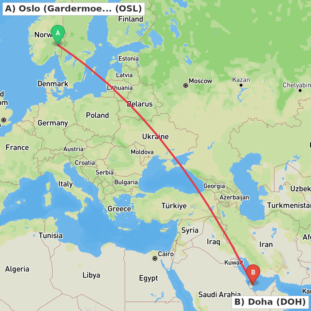 Flight route map from Oslo (Gardermoen) to Doha