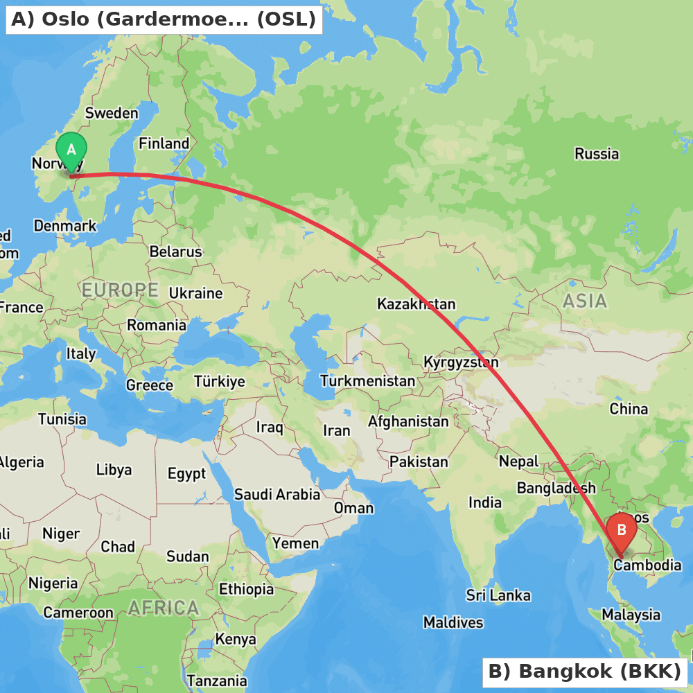 Flight route map from Oslo (Gardermoen) to Bangkok