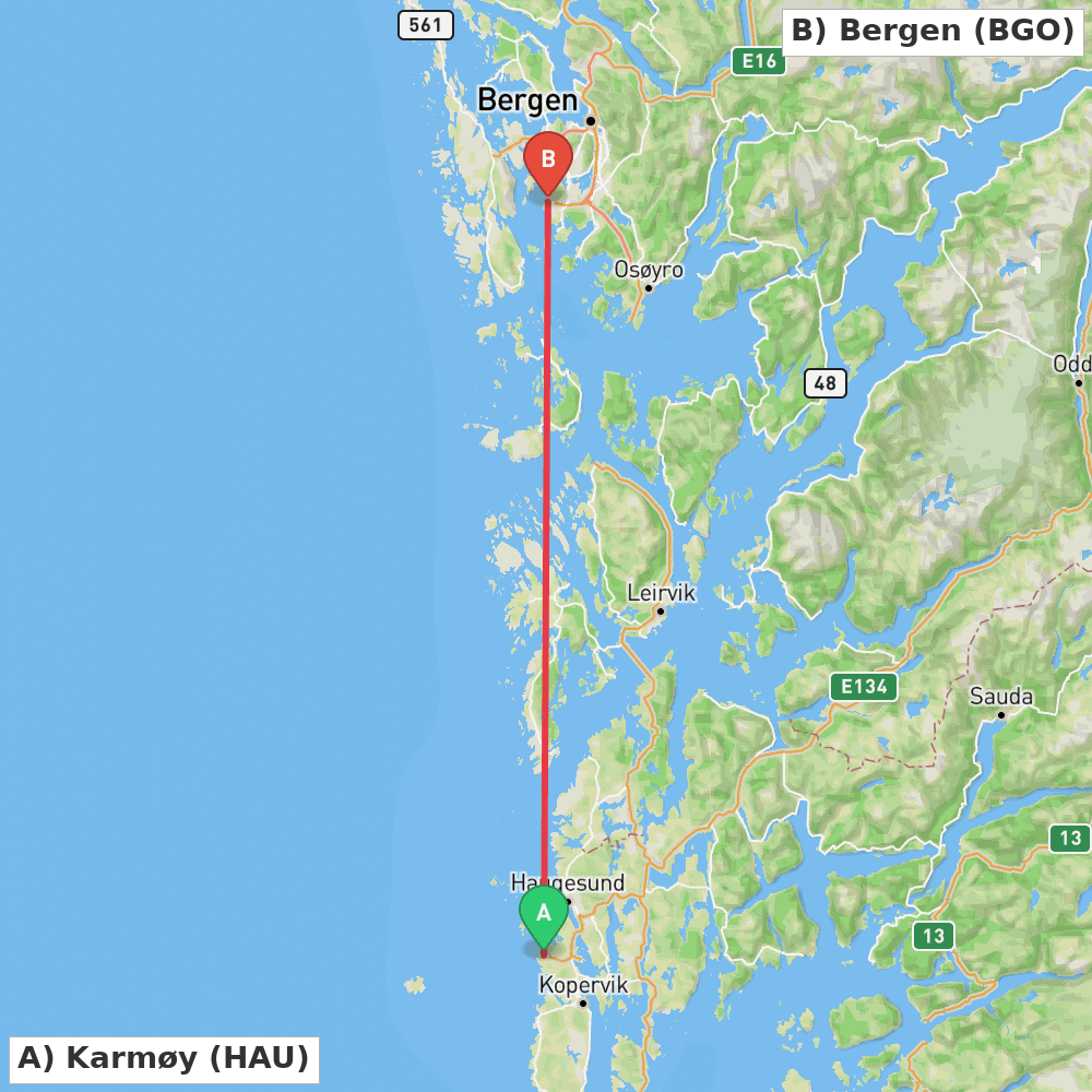 Flight route map from Karmøy to Bergen