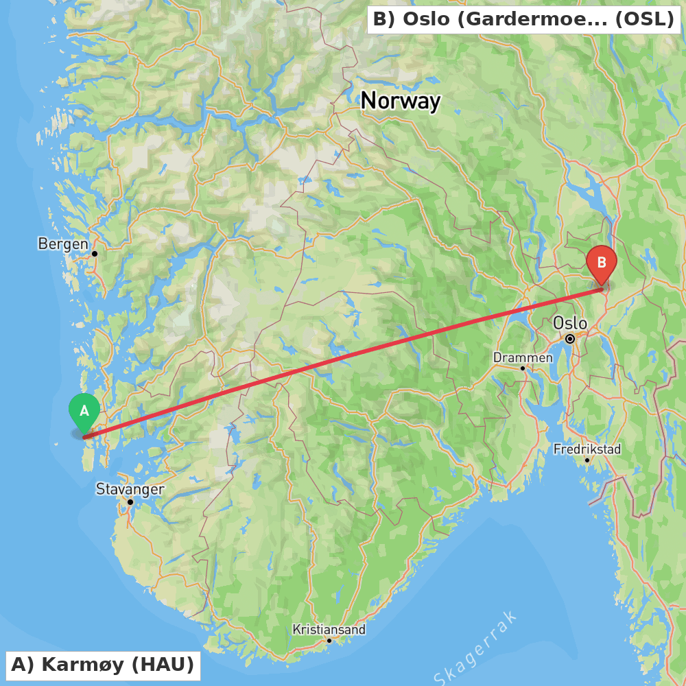 Flight route map from Karmøy to Oslo (Gardermoen)