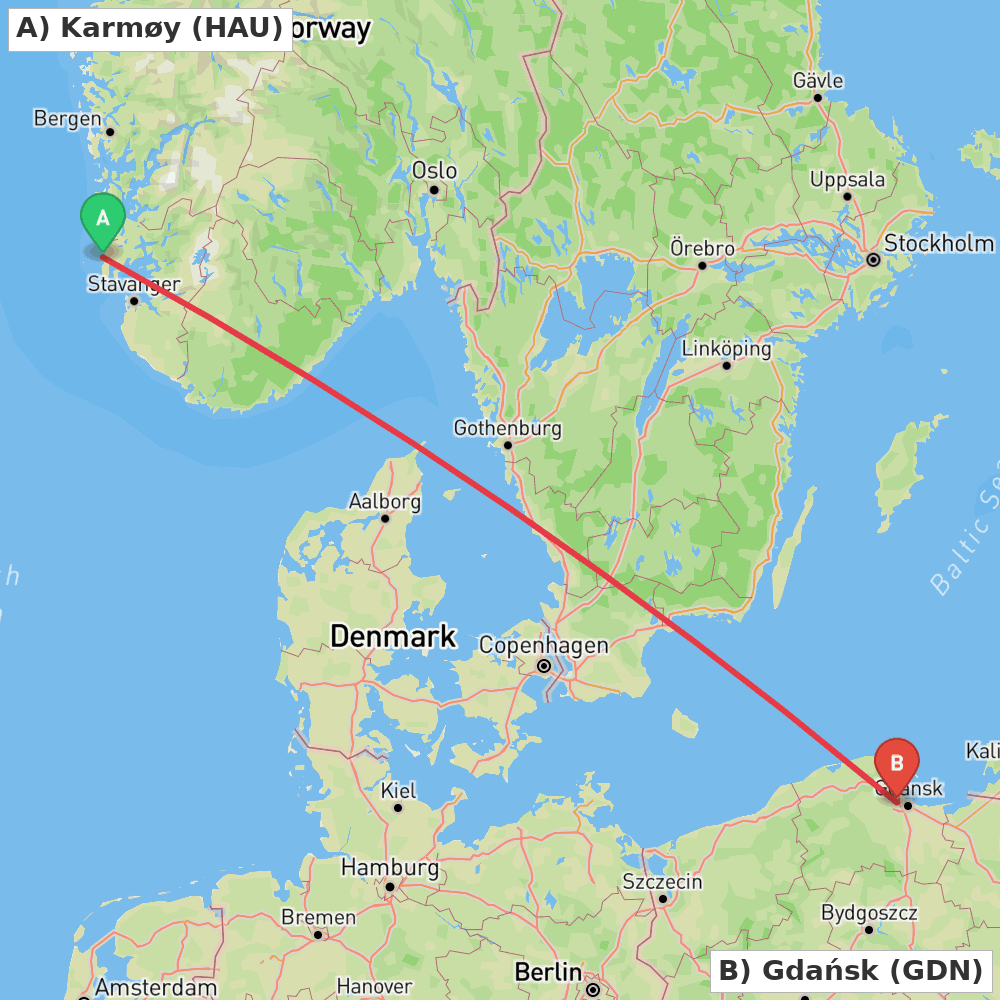 Flight route map from Karmøy to Gdańsk