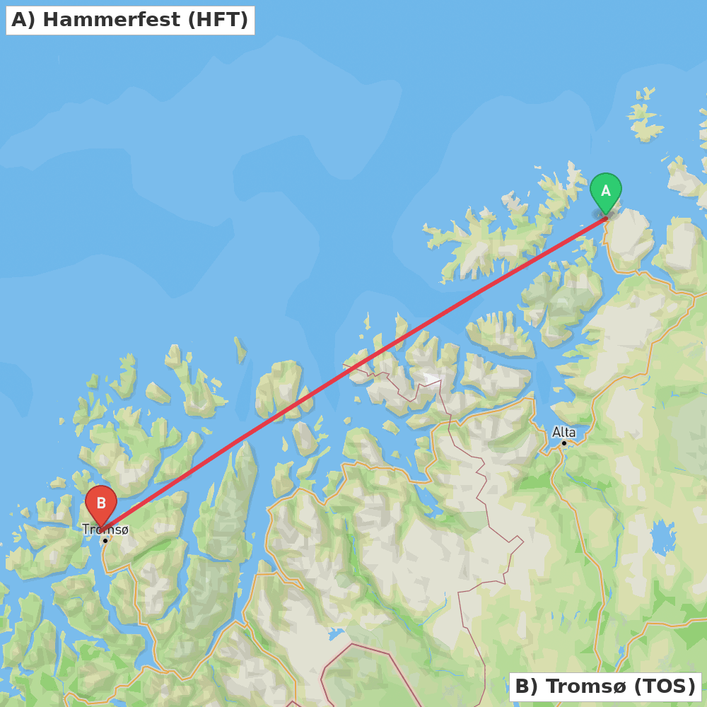 Flight route map from Hammerfest to Tromsø