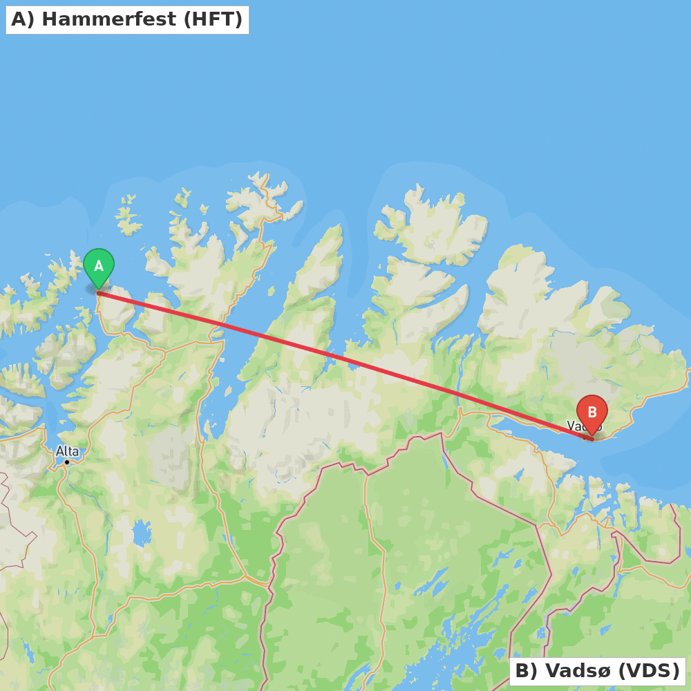 Flight route map from Hammerfest to Vadsø