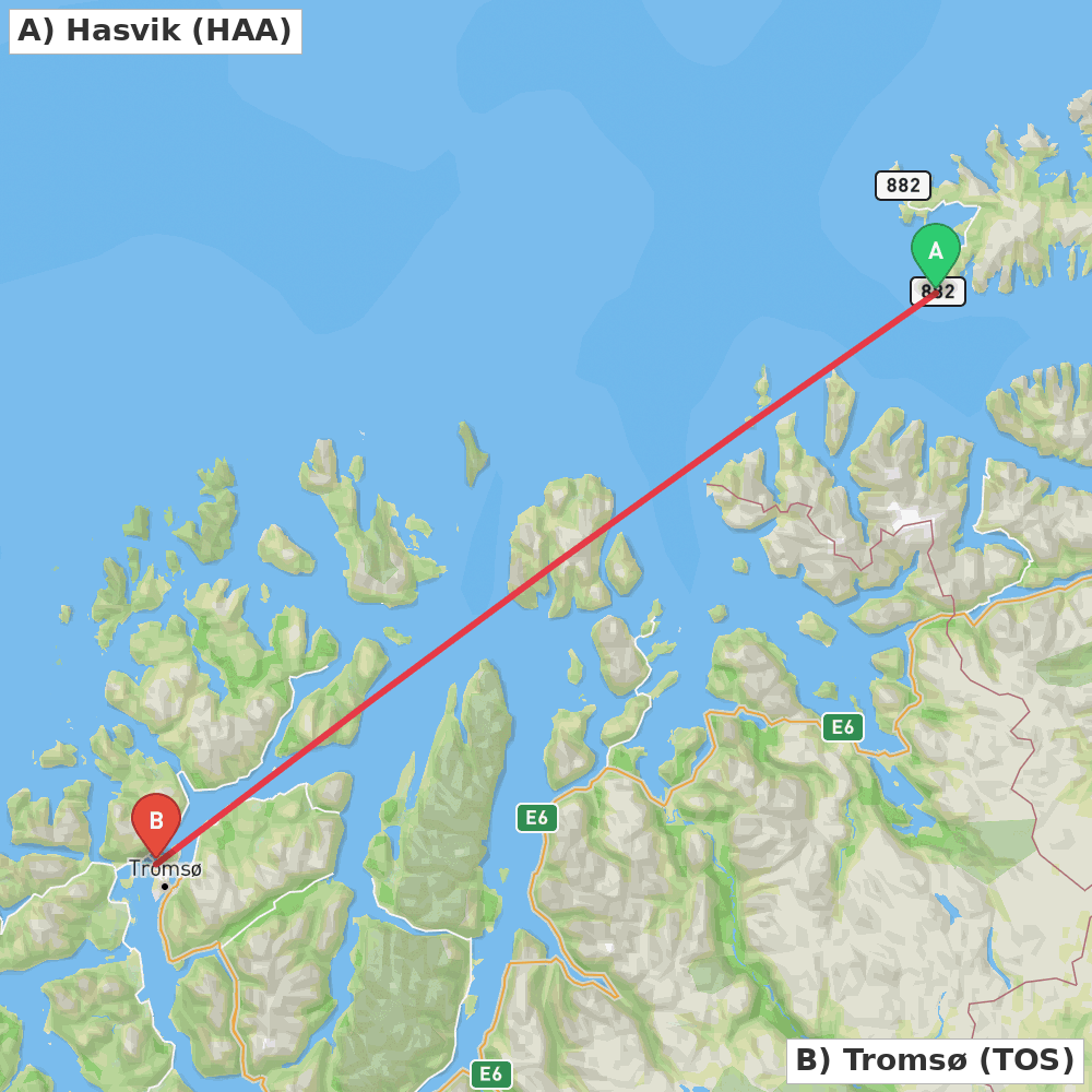 Flight route map from Hasvik to Tromsø