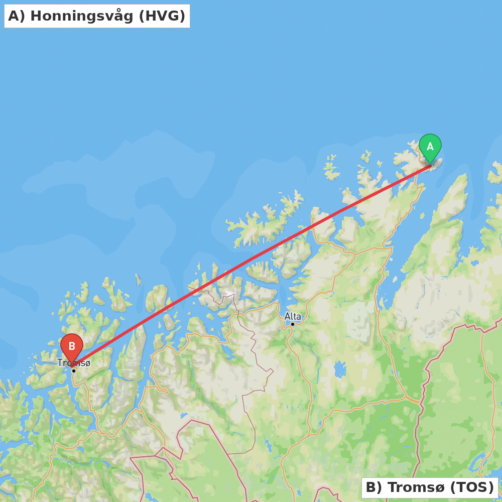 Flight route map from Honningsvåg to Tromsø