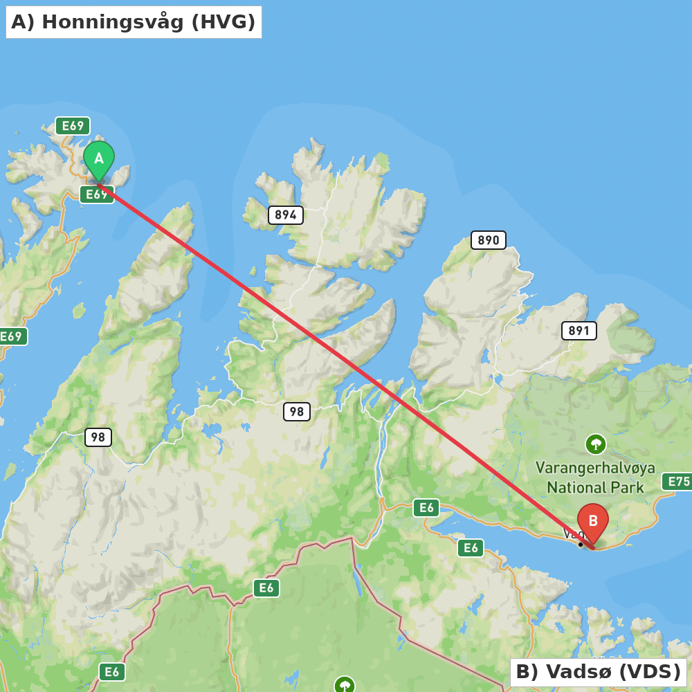 Flight route map from Honningsvåg to Vadsø