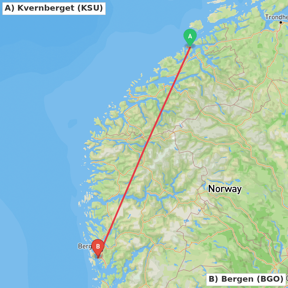 Flight route map from Kvernberget to Bergen