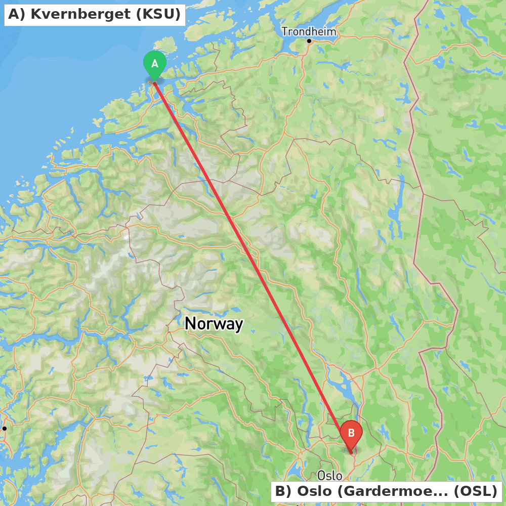 Flight route map from Kvernberget to Oslo (Gardermoen)