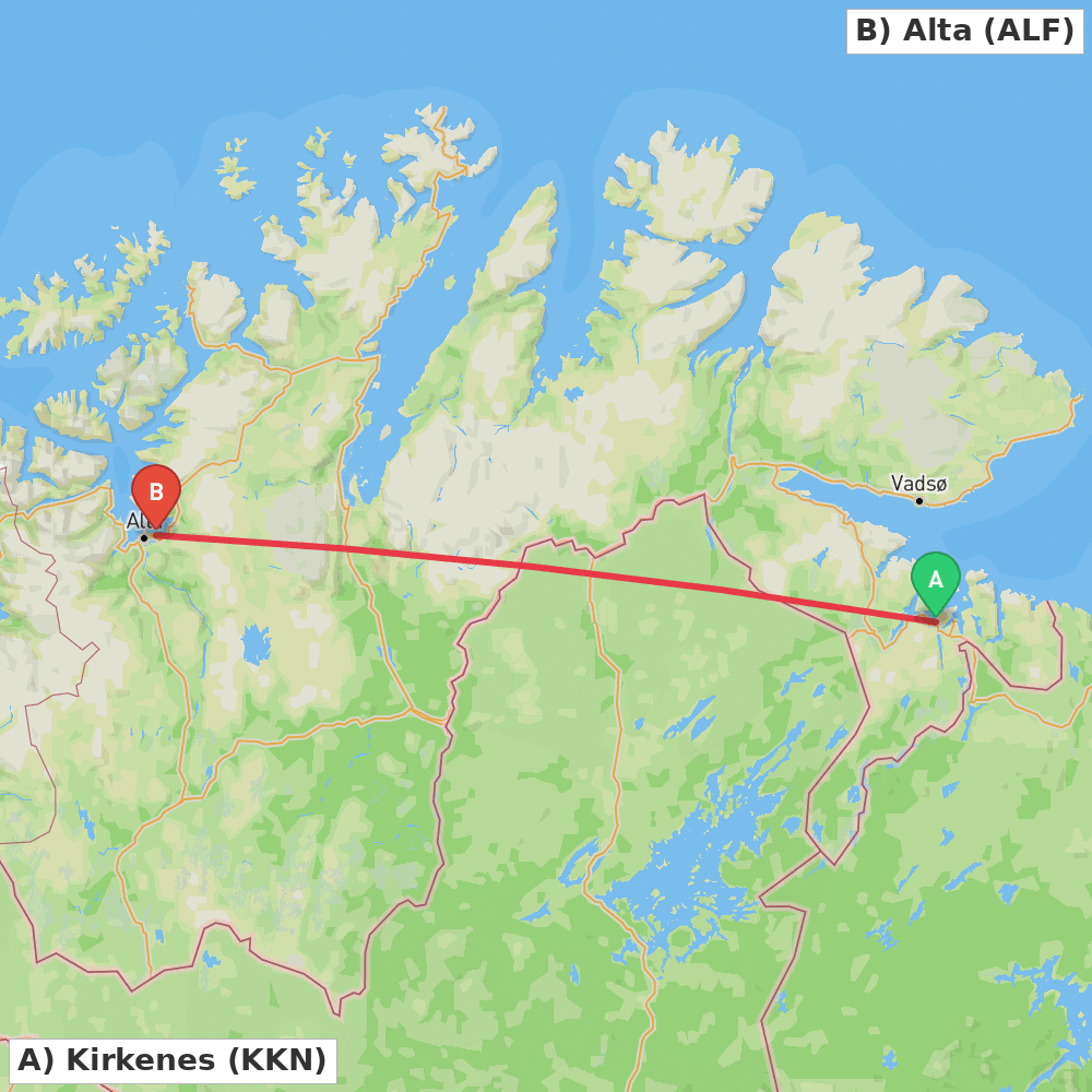 Flight route map from Kirkenes to Alta
