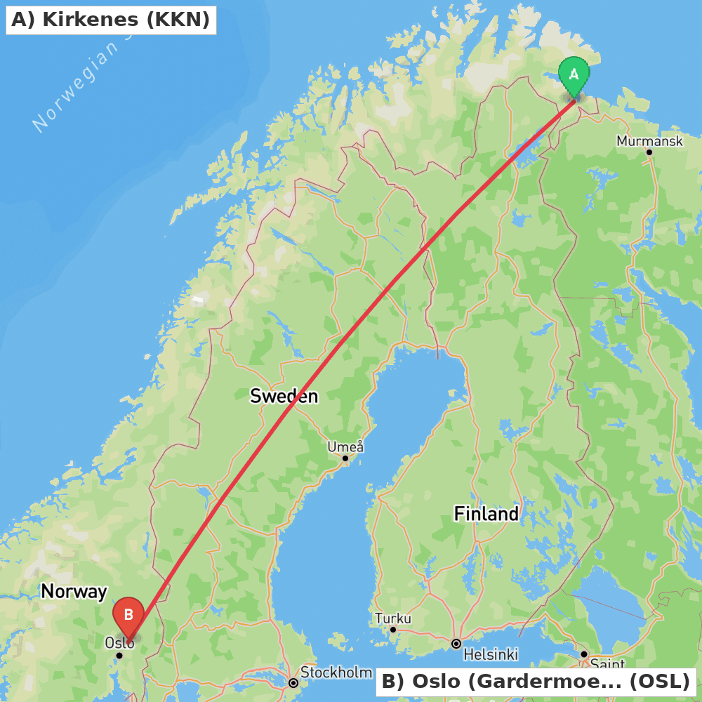 Flight route map from Kirkenes to Oslo (Gardermoen)