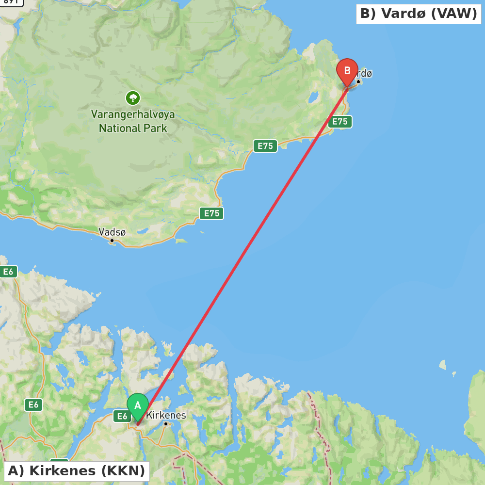 Flight route map from Kirkenes to Vardø
