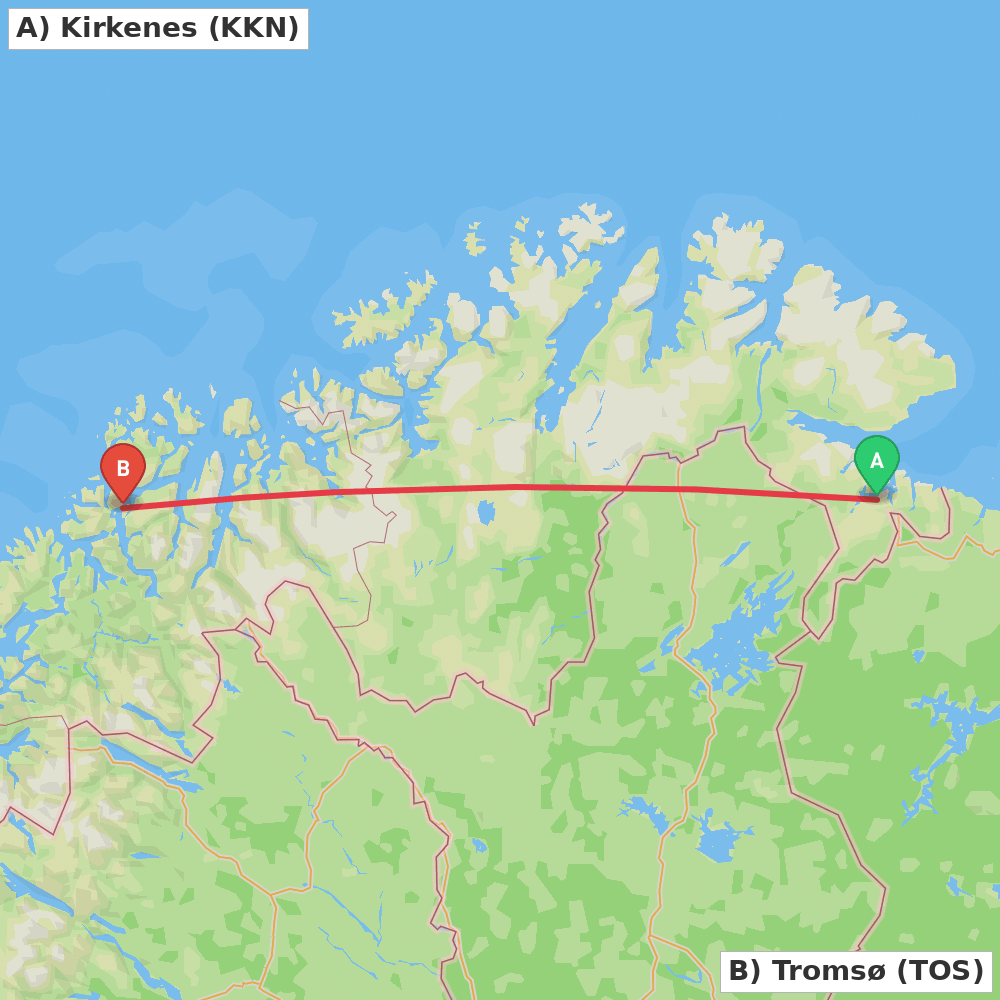 Flight route map from Kirkenes to Tromsø