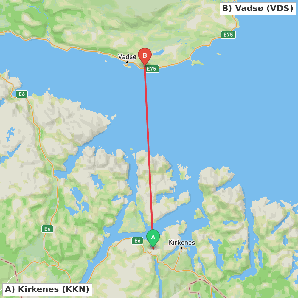 Flight route map from Kirkenes to Vadsø