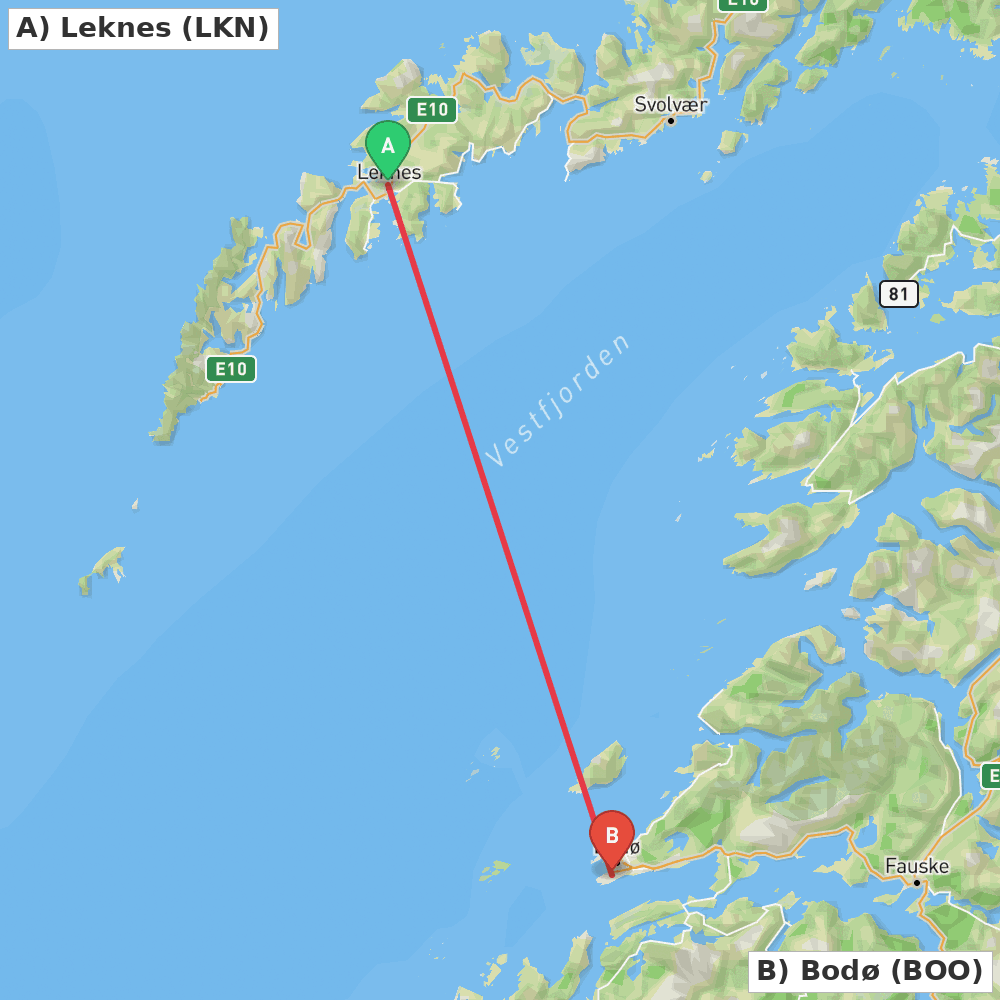 Flight route map from Leknes to Bodø
