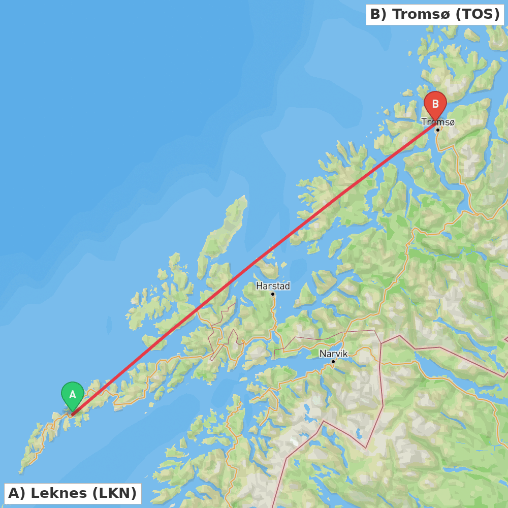 Flight route map from Leknes to Tromsø