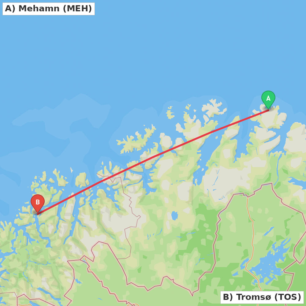Flight route map from Mehamn to Tromsø