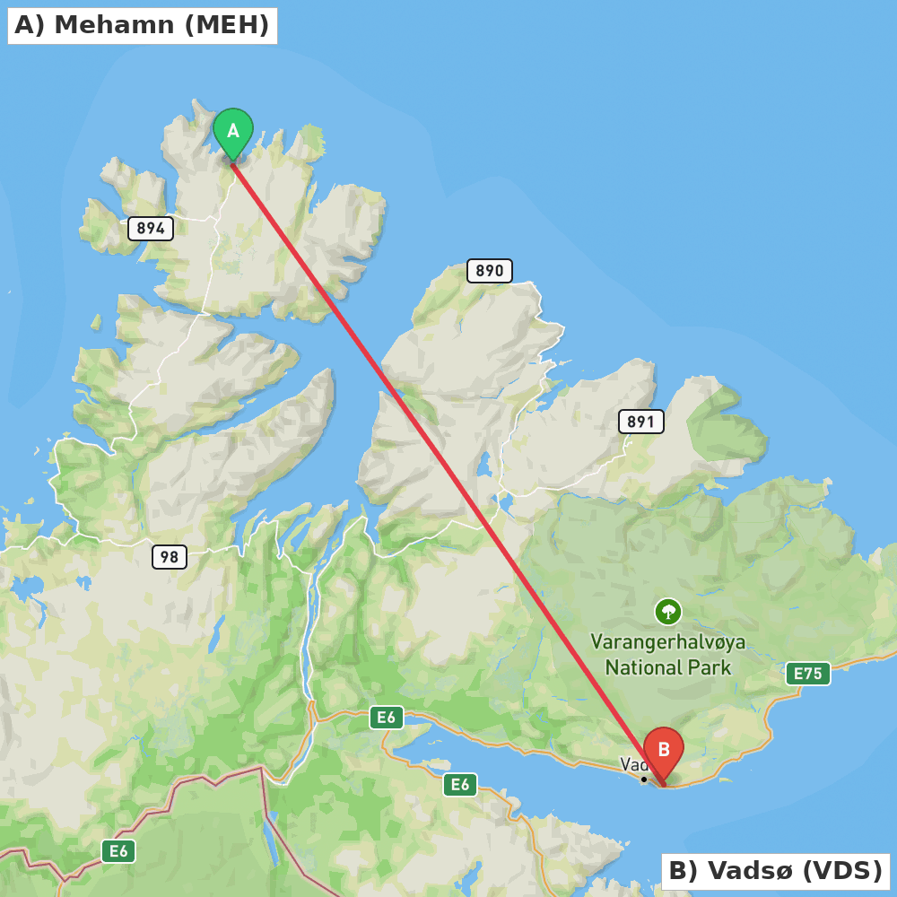 Flight route map from Mehamn to Vadsø