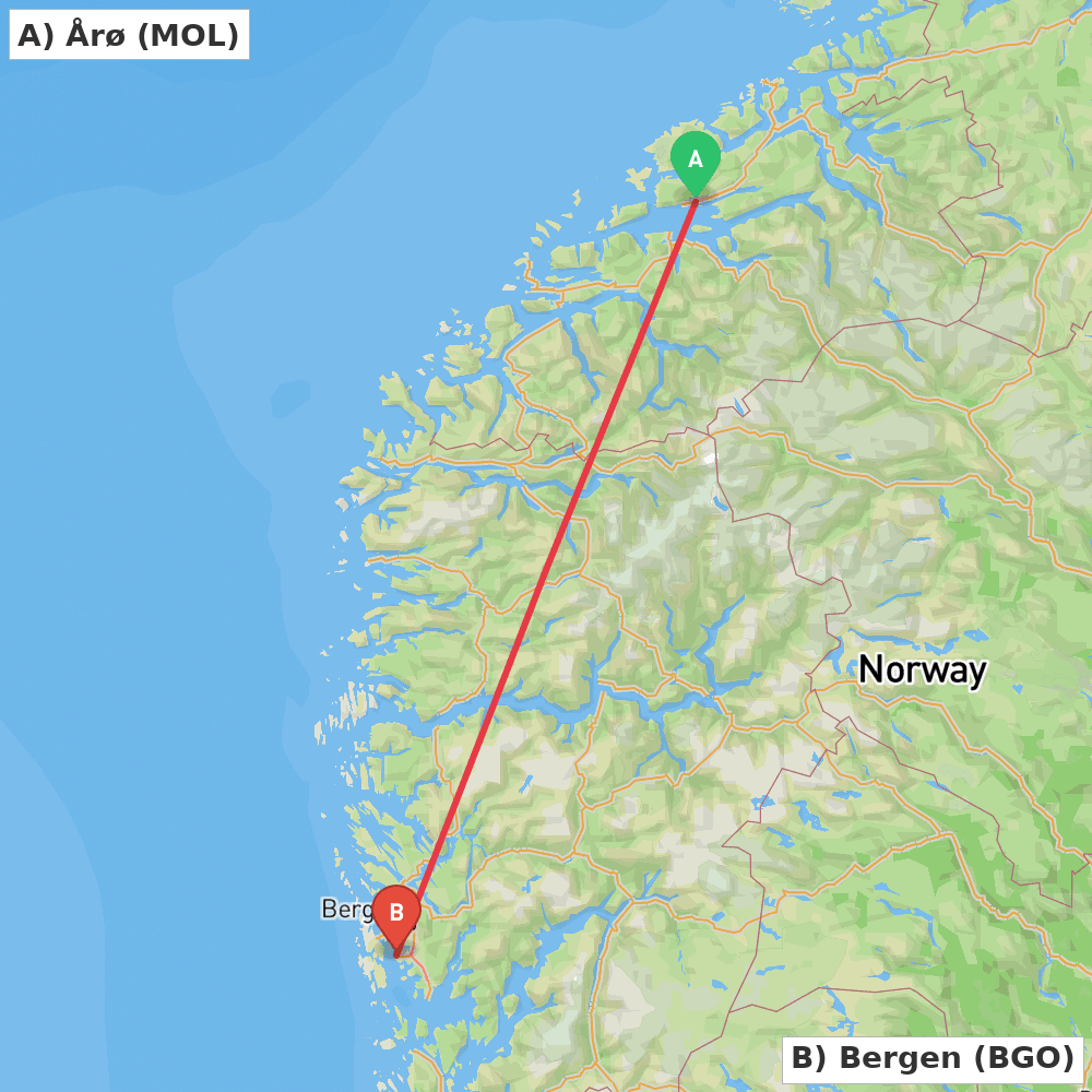 Flight route map from Årø to Bergen